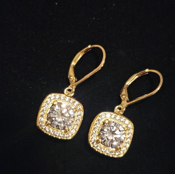 Gold Plated Cubic Zirconia Halo Drop Earrings - Picture 3 of 4